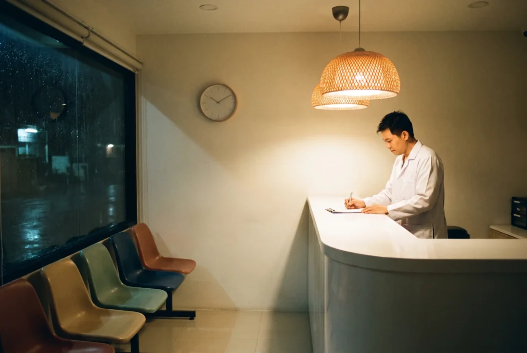 Reception at the Koh Phi Phi clinic late at night, a doctor at the counter with the waiting area empty