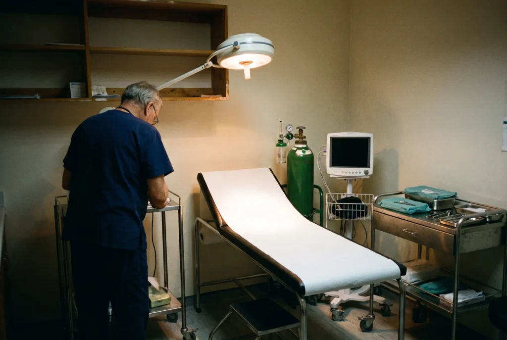 A treatment room on Koh Phi Phi prepared overnight for an urgent case, with oxygen, a monitor and an examination lamp