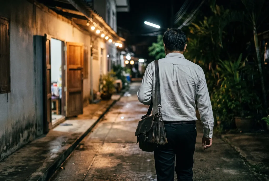 A doctor carrying a medical bag down a lit alley in Tonsai Village at night, on the way to a hotel visit