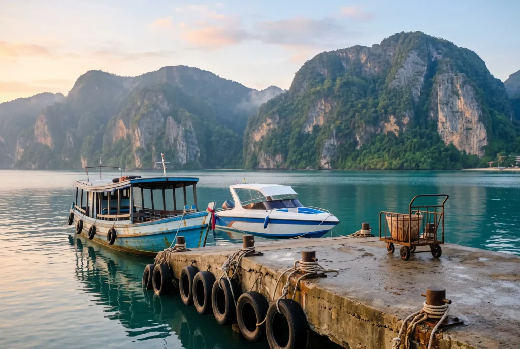 A ferry and a speedboat at the Koh Phi Phi pier at dawn, the only route to a mainland hospital