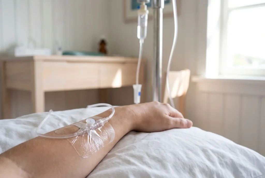 An intravenous drip running into a cannula taped to a patient's forearm at the Koh Phi Phi clinic