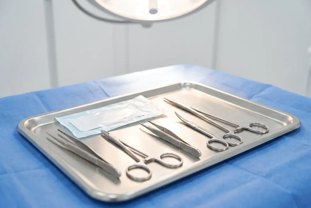 A sterile instrument tray laid out for stitches and minor surgery under a procedure lamp