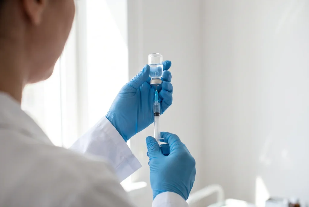 A doctor drawing a vaccine from a glass vial into a syringe at the Koh Phi Phi clinic