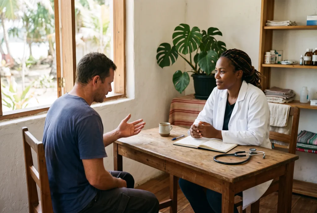 A doctor listening to a patient across a desk during a consultation at the Koh Phi Phi clinic