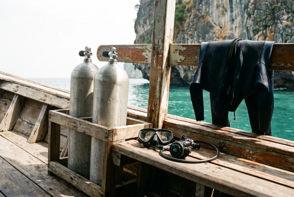 Scuba tanks, a mask and a wetsuit on the deck of a dive boat off Koh Phi Phi
