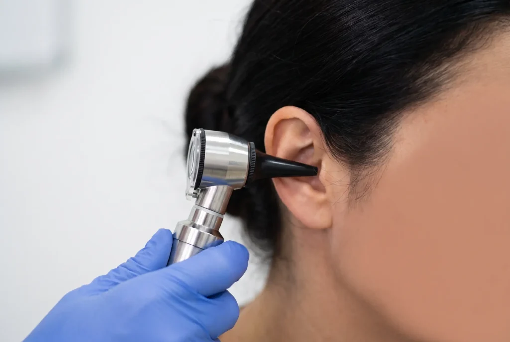 An ear being examined with an otoscope, the commonest diving complaint on Koh Phi Phi