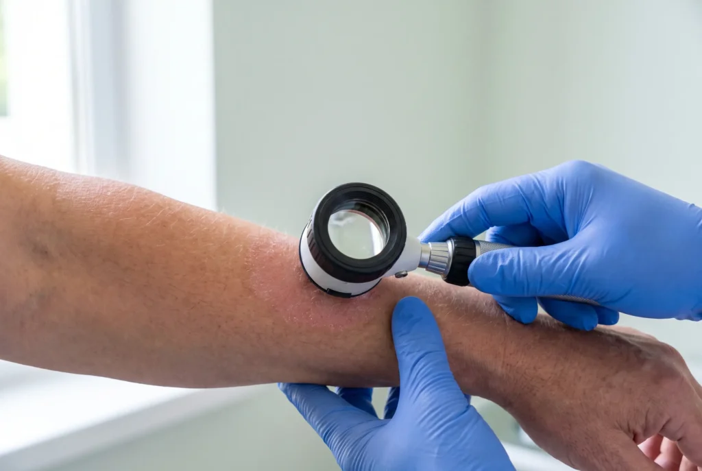 A dermatoscope being used to examine sun-irritated skin on a forearm at the Koh Phi Phi clinic