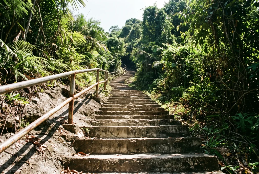 The steep unshaded concrete steps of the Koh Phi Phi viewpoint climb in midday sun, where most heat exhaustion here starts