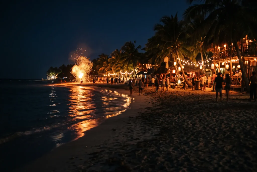 The beach bar strip on Koh Phi Phi at night, with the glow of a fire show further along the sand