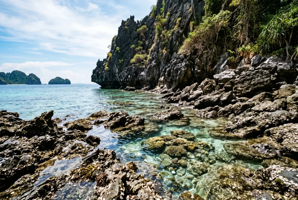 Sharp barnacle-covered rock and shallow reef at low tide on Koh Phi Phi, where most coral cuts and urchin injuries happen