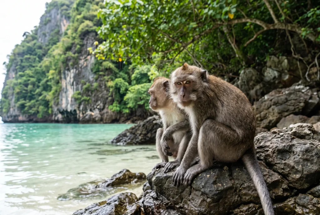 Long-tailed macaques on the rocks at Monkey Beach, Koh Phi Phi — the commonest source of animal bites here